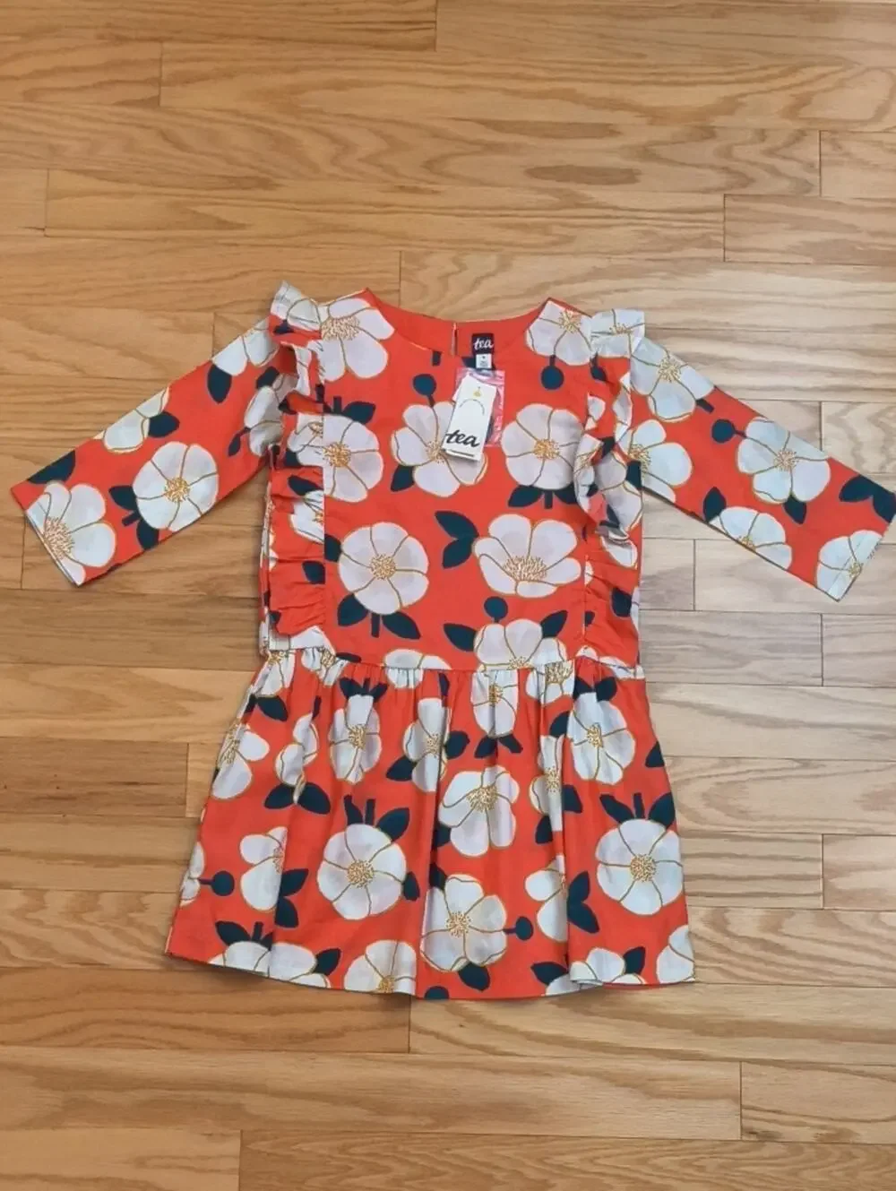 Tea Collection Ruffle Sleeve Dress Painted Peonies Size 10 NWT